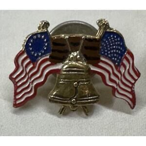 Bicentenial Double Flag Patriotic Liberty Bell Tie Tack Lapel Hat Pin